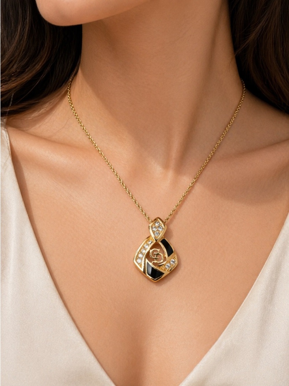 Authentic Christian Dior Gold and Black Pendant Necklace with Crystal Accents